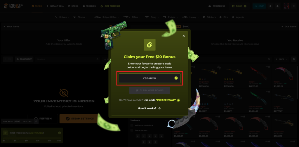 PirateSwap free $10 bonus pop-up with the promo code CSBARON entered.